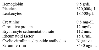 A 52-year-old man comes to the physician for intermittent sore throat, nocturnal high fevers, cold sweats, fatigue, anorexia, and weight loss over the last 4 weeks.  He also complains of pain and swelling of his hands and wrists and brief episodes of a rash.  He does not recall any tick bites and has no travel history or ill contacts.  His temperature is 39 C (102.2 F) , blood pressure is 100/70 mm Hg, and pulse is 92/min.  Oropharyngeal mucosa is dry without exudates.  There are several enlarged cervical lymph nodes.  A scarce macular, nontender, purple rash is noted on both arms.  There are no heart murmurs.  Splenomegaly is noted.  Synovitis is present in several joints including both hands, wrists, and elbows.  A moderate effusion is present in the left knee joint.  Laboratory results are as follows:   Which of the following is the most likely diagnosis? A) Adult-onset Still's disease B) Felty syndrome C) Meningococcemia D) Post-streptococcal reactive arthritis E) Sweet syndrome
