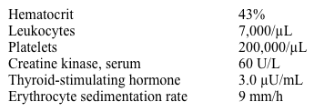 A 38-year-old woman comes to the office for chronic aching pain and stiffness all over her body for the last 6 months.  Her symptoms are worse with exercise.  She also has experienced fatigue, headaches, and insomnia.  The patient tried water aerobic exercise 3 times a week but had no symptom improvement.  She has a history of irritable bowel syndrome.  /_ /_Vital signs are within normal limits.  Examination shows multiple tender spots over bony prominences.  Her muscle strength is 5/5 in all extremities and deep-tendon reflexes are normal throughout.  No sensory abnormalities are noted.  There is no joint redness or swelling.  /_ /_Laboratory results are as follows:   Which of the following is the most appropriate therapy for this patient? A) Amitriptyline B) Carbamazepine C) Colchicine D) Methotrexate E) Oxycodone