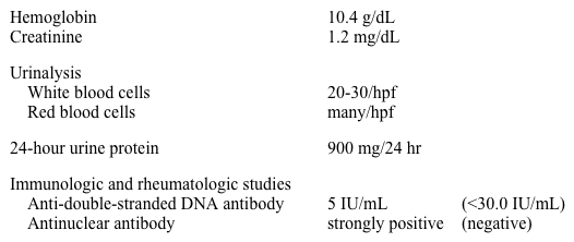 A 33-year-old woman comes in for a follow-up appointment.  She was seen 6 months ago for a rash on her face, profound fatigue, and arthritis.  The patient was diagnosed with systemic lupus erythematosus and started on hydroxychloroquine and low-dose prednisone.  She has experienced marked improvement in her symptoms and has resumed her usual activities. Physical examination shows a faint facial rash but is otherwise unremarkable. Current laboratory results are as follows:   Which of the following is the most appropriate next step in management? A) CT of the abdomen with contrast B) Cyclophosphamide C) Kidney biopsy D) Reassurance and follow-up in 2-3 months E) Serum protein electrophoresis