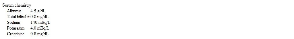 <strong>A 50-year-old woman comes to the&nbsp;office due to lower extremity edema.&nbsp; The edema started about 6 weeks ago and has slowly progressed .&nbsp; Medical history is significant for hypertension, treated with metoprolol for 3 years.&nbsp; Two months ago, amlodipine was added because of inadequate blood pressure control with metoprolol alone.&nbsp; The patient does not use tobacco or alcohol. She has no known drug allergies.&nbsp; Blood pressure is 130/80 mm Hg and pulse is 64/min.&nbsp; Physical examination reveals bilateral symmetric 3+ pitting edema of both lower extremities, without any skin changes or varicosities.&nbsp; Her neck vein pulsation is normal.&nbsp; The rest of the examination is unremarkable.&nbsp; Laboratory results are as follows:   Urinalysis is within normal limits.&nbsp; What is the most likely cause of the edema in this patient?</strong> A)Heart failure B)Liver disease C)Renal disease D)Venous insufficiency E)Medication side effect <div style=padding-top: 35px> 