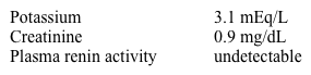 A 55-year-old man comes to the clinic for follow-up of hypertension.  The patient was diagnosed with hypertension 3 months ago after an episode of transient vision loss in his right eye.  He has occasional headaches and general fatigue but otherwise feels well.  His current medications include aspirin, lisinopril, and low-dose hydrochlorothiazide.  His blood pressure is 157/95 mm Hg and pulse is 69/min.  BMI is 26 kg/m<sup>2</sup>.  Cardiac examination shows a fourth heart sound on auscultation.  There are no bruits in the carotids or abdomen.  Pulses are 2+ in all extremities.  Laboratory results are as follows:   Which of the following best explains this patient's laboratory findings? A) Lisinopril side effect B) Malignant hypertension C) Primary hyperaldosteronism D) Thiazide side effect E) Unilateral renal artery stenosis
