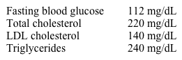 A 55-year-old Caucasian male presents to the office for a routine check-up.  He has no present complaints.  His past medical history is significant for a long history of hypertension.  He does not smoke or consume alcohol.  His current medications are enalapril and hydrochlorothiazide.  His blood pressure is 140/90 mm Hg and heart rate is 80/min.  Physical examination reveals a moderately overweight man (BMI = 27 kg/m2)  with a waist circumference of 41 inches.  The laboratory studies show:   Which of the following is the most important pathogenic factor for this patient's condition? A) Impaired secretion of insulin B) Low absolute values of insulin C) Insulin resistance D) Sympathetic hyperactivity E) Insulin-mediated vasodilatation