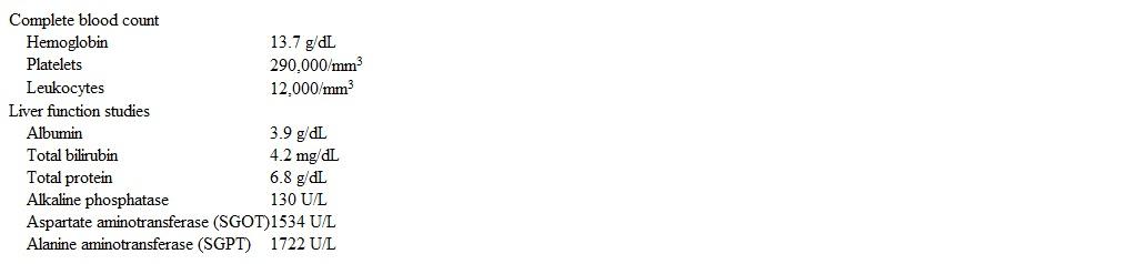 A 38-year-old woman comes to the office due to jaundice.  Her eyes have been yellow for the past 8 days, and she has also had pruritus, fever, nausea, and vomiting.  The patient has had no unexpected weight loss or bloody stools.  Medical history is significant for hypertension; current medications include amlodipine and an oral contraceptive.  The patient works in a day care center, where some of the children were recently ill.  She drinks alcohol but does not use illicit drugs and is in a monogamous relationship with her husband.  Family history is unremarkable.  Temperature is 38.7 C (101.7 F) , blood pressure is 125/80 mm Hg, and pulse is 80/min.  Scleral icterus is present.  Oropharyngeal and cardiopulmonary examinations are unremarkable.  The neck is supple without lymphadenopathy.  The abdomen is nontender and nondistended.  The liver edge is smooth and palpable below the right costal margin.  Laboratory evaluation reveals the following:   Which of the following is the most likely diagnosis? A) Alcoholic hepatitis B) Bacterial liver abscess C) Budd-Chiari syndrome D) Hepatitis A infection E) Infectious mononucleosis F) Primary biliary cholangitis G) Ruptured hepatic adenoma