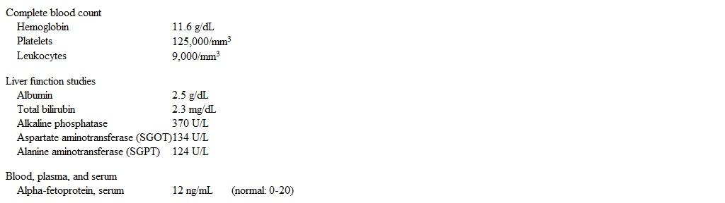 A 54-year-old woman comes to the office due to fatigue, anorexia, and weight loss.  Over the past 3 months, she has lost 10 kg (22 lb)  but has not changed her diet or activity level.  The patient has a history of hypertension and type 2 diabetes mellitus.  She does not use tobacco, alcohol, or illicit drugs.  Temperature is 36.9 C (98.4 F) , blood pressure is 120/80 mm Hg, pulse is 80/min, and respirations are 16/min.  BMI is 31 kg/m<sup>2</sup>.  Mild temporal wasting is noted.  The abdomen is soft, the flanks are full, and shifting dullness is present.  There is hepatomegaly and a single palpable liver nodule.  Trace edema is present in the bilateral lower extremities.  Laboratory results are as follows:   Which of the following is the most likely diagnosis? A) Focal nodular hyperplasia B) Hepatic adenoma C) Hepatocellular carcinoma D) Hydatid cyst E) Pyogenic liver abscess