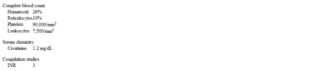 A 70-year-old man comes to the office due to 6 months of progressive fatigue and dyspnea.  He has had no fever, night sweats, or weight loss.  The patient's medical history is significant for benign prostatic hyperplasia, hypertension, and mechanical aortic valve replacement for severe aortic stenosis.  The patient currently takes warfarin, tamsulosin, and amlodipine.  He does not drink alcohol.  Temperature is 36.4 C (97.5 F) , blood pressure is 150/99 mm Hg, and pulse is 68/min.  BMI is 27 kg/m<sup>2</sup>.  The patient appears well nourished and fit.  No scleral icterus is present, but the mucosa is pale.  There is no jugular venous distension or lymphadenopathy.  Cardiac examination reveals a normal S1 and a mechanical S2.  Pulmonary examination is normal.  Both the liver and the spleen are palpable.  The remainder of the examination shows no abnormalities.  Laboratory results are as follows:   Which of the following is the best next step in management? A) ADAMTS-13 assay B) Bone marrow biopsy C) Colonoscopy D) Echocardiogram E) Liver biopsy