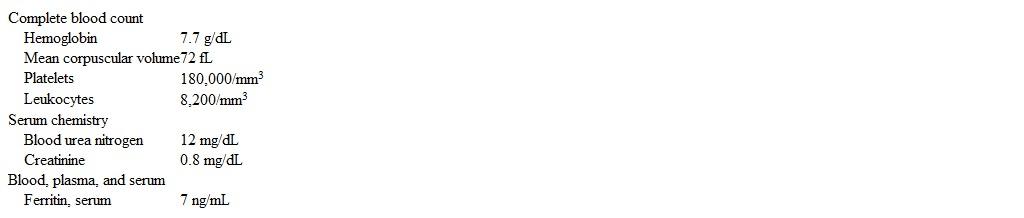 A 62-year-old man comes to the office due to several months of fatigue.  The patient has no chest pain, vomiting, diarrhea, weight loss, or back pain.  Review of systems is significant for occasional leg cramps.  He takes lisinopril for hypertension and atorvastatin for hyperlipidemia.  The patient no longer smokes cigarettes but has a 30-pack-year history.  He does not consume alcohol.  Blood pressure is 132/80 mm Hg and pulse is 95/min.  Conjunctiva are pale.  Cardiopulmonary auscultation reveals clear lungs and a soft 2/6 ejection murmur at the right upper sternal border.  The abdomen is soft and nontender without palpable masses.  There are no skin rashes or peripheral edema.  Laboratory results are as follows:   Which of the following is the most appropriate next step in management of this patient? A) Bone marrow biopsy B) Discontinuation of atorvastatin C) Endoscopic evaluation D) Serum C-reactive protein E) Serum erythropoietin level F) Serum free monoclonal light chains