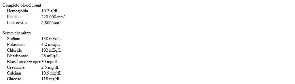 A 65-year-old woman comes to the office due to a month of back pain.  The pain is primarily in her lumbar and thoracic spine and is partially relieved with acetaminophen.  It is worse with activity and has limited her ability to take restorative yoga classes.  The patient has a history of hypertension, type 2 diabetes mellitus, and osteopenia.  She takes over-the-counter calcium and vitamin D supplements in addition to prescription medications.  The patient had her yearly physical examination 4 months ago; physical and laboratory examinations were normal at that time.  Temperature is 36.6 C (97.8 F) , blood pressure is 148/82 mm Hg, and pulse is 94/min.  The patient is thin but appears well.  Mucous membranes are moist.  There is no lymphadenopathy in the cervical or supraclavicular chains.  Cardiopulmonary and abdominal examinations are normal.  There is no focal tenderness over the spine.  Muscle strength is 5/5 in all 4 extremities.  Laboratory results are as follows:   Urine dipstick is negative and urine sediment is bland except for a few granular casts.  Which of the following is the most likely cause of this patient's current condition? A) Acetaminophen toxicity B) Diabetes mellitus C) Monoclonal protein D) Primary hyperparathyroidism E) Systemic lupus erythematosus F) Vitamin D toxicity