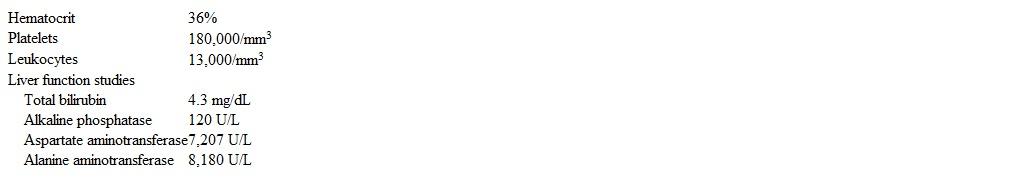 A 39-year-old previously healthy man comes to the office due to 4 days of nausea, loss of appetite, malaise, and mild upper abdominal discomfort.  He has had no vomiting or diarrhea.  The patient returned from a trip to the Philippines with his wife 2 weeks ago, but she has had no symptoms.  He did not receive any vaccinations or chemoprophylaxis prior to travel and reports that he did not consume bottled water consistently during the trip.  The patient does not use tobacco, alcohol, or illicit drugs.  Temperature is 37.9 C (100.2 F) , blood pressure is 118/72 mm Hg, and pulse is 96/min.  Physical examination reveals scleral icterus and tender hepatomegaly.  Laboratory results are as follows:   Which of the following is the most likely sequela of this patient's condition? A) Complete recovery B) Fulminant hepatic failure C) Hepatocellular carcinoma D) Hepatorenal syndrome E) Liver cirrhosis F) Portal vein occlusion