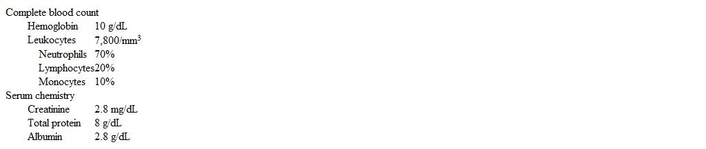 A 70-year-old man who lives in a group home is brought to the emergency department due to 3 months of persistent cough and anorexia.  The cough occurs mainly in the early morning and is often productive.  He has a history of chronic kidney disease, type 2 diabetes mellitus, and an ischemic stroke that resulted in right-sided residual paralysis.  He has never smoked cigarettes.  Temperature is 38.2 C (100.8 F) , blood pressure is 124/80 mm Hg, pulse is 90/min, and respirations are 16/min.  BMI is 22 kg/m<sup>2</sup>.  Examination shows cervical lymphadenopathy and muscle wasting.  Cardiopulmonary examination shows no abnormalities.  Laboratory results are as follows:   Chest x-ray is shown in the exhibit.    Tuberculin skin testing is negative.  What is the most likely diagnosis? A) Infectious mononucleosis B) Granulomatosis with polyangiitis C) Small cell lung cancer D) Tuberculosis