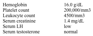 A 28-year-old man comes to the physician for evaluation of infertility.  He is healthy and has no other complaints.  He eats a high-protein diet and exercises daily in order to be muscular.  He weighs 85 kg (187 lb)  and is 175 cm (5'8 )  tall.  His temperature is 37.2° C (98.9° F)  and blood pressure is 130/82 mm Hg.  Physical examination shows small testes.  The remainder of the examination shows no abnormalities.  Initial laboratory studies show:   Which of the following is the most likely cause of his infertility? A) Klinefelter syndrome B) Mumps orchitis C) Exogenous steroid use D) Myotonic dystrophy E) Varicocele F) Cryptorchidism G) Testicular torsion H) Chronic medical illness