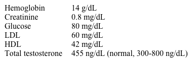 A 54-year-old man comes to the office due to erectile dysfunction.  For the last 6 months, the patient has had progressive difficulty maintaining an erection long enough to have satisfying sexual intercourse.  In addition, he has had loss of libido and a decrease in early morning erections.  Medical history is significant for hyperlipidemia and coronary artery disease.  The patient was admitted for an acute coronary syndrome 7 months ago, and a drug-eluting stent was placed in the right coronary artery.  A follow-up treadmill cardiac stress test was negative; he is able to walk briskly for 30 minutes daily without developing angina or other symptoms.  Current medications include metoprolol, atorvastatin, aspirin, and ticagrelor.  Blood pressure is 122/70 mm Hg and pulse is 66/min.  Cardiopulmonary examination is unremarkable except for mildly decreased pedal pulses on the right.  He has normal testicular size, normal secondary sexual characteristics, and no gynecomastia.  Laboratory results are as follows:   Which of the following is the best next step in treating this patient's erectile dysfunction? A) Advise the patient to refrain from sexual activity B) Intraurethral alprostadil C) Oral sildenafil D) Stop atorvastatin E) Stop metoprolol F) Testosterone therapy
