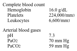 A 45-year-old woman is evaluated for fatigue and exertional dyspnea.  She has had difficulty walking for more than 1 or 2 blocks without becoming short of breath.  She uses 2 pillows to sleep.  Past medical history is significant for hyperlipidemia, hypertension, and type 2 diabetes mellitus.  The patient smoked a pack a day for 15 years but quit 10 years ago.  She does not use alcohol or illicit drugs.  Temperature is 36.7 C (98 F) , blood pressure is 150/90 mm Hg, pulse is 80/min, and respirations are 16/min.  BMI is 55 kg/m<sup>2</sup>.  On physical examination, jugular venous distension is difficult to visualize due to a thick neck.  Lungs are clear to auscultation without wheezes or crackles.  Heart sounds are distant.  The abdomen is obese and nontender.  There is trace bilateral lower-extremity edema.  Neurological examination is within normal limits.  Chest x-ray is of poor quality due to under-penetration but shows no obvious abnormalities.  ECG shows low-voltage QRS complexes but no significant ST-segment or T-wave abnormalities.  Laboratory results are as follows:   Which of the following is the predominant cause of this patient's dyspnea? A) Airway inflammation and bronchospasm B) Alveolar hypoventilation C) Left ventricular contractile dysfunction D) Neuromuscular dysfunction E) Ventilation-perfusion mismatch