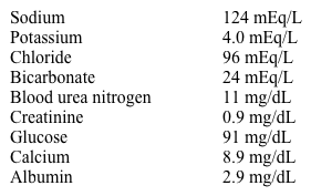 A 58-year-old man with a 45-pack-year smoking history comes to the clinic due to a persistent cough.  The cough started about 3 months ago and is distinctly worse than his usual smoker's cough.  During this period, he had episodes of hemoptysis and lost 9.1 kg (20 lb) .  He has had no nausea, vomiting, fever, chills, night sweats, pruritus, seizures, or gait abnormalities.  Temperature is 36.9 C (98.4 F) , blood pressure is 134/85 mm Hg without an orthostatic drop, and pulse is 76/min.  Temporal wasting is evident.  The mucous membranes are moist, and the neck is supple without lymphadenopathy.  Heart and breath sounds are normal.  The abdomen is soft and nontender.  No peripheral edema is present.  The patient is oriented to time, place, and person.  Pupils are equal and reactive, and no nystagmus is elicited.  Neurologic examination, including gait, is normal.  Laboratory results are as follows:   Which of the following is the best initial treatment for this patient? A) Albumin infusion B) Demeclocycline C) Fluid restriction D) Hypertonic saline E) Lactated Ringer solution F) No additional intervention G) Normal saline