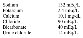A 21-year-old woman comes to the physician with progressive weakness and loss of energy.  She nearly collapsed yesterday while performing one of her routine 3-hour workouts.  She is not doing well academically in college despite persistent attempts to improve her grades.  Her blood pressure is 102/58 mm Hg and pulse is 113/min.  Her body mass index is 21 kg/m<sup>2</sup>.  Fine hair is noted on her scalp.  Examination shows dental erosions with slightly enlarged cheeks.  There is no edema.  Laboratory results are as follows:   In addition to potassium supplementation, which of the following is the best treatment to correct the laboratory abnormalities in this patient? A) Acetazolamide B) Breathing in a paper bag C) Calcium gluconate infusion D) Hyperventilation E) Insulin therapy F) Loop diuretics G) Normal saline infusion H) Sodium bicarbonate infusion