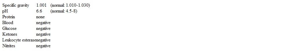 An 18-year-old African American man comes to the office due to several months of excessive urination.  The patient voids every few hours during the day and wakes 2 or 3 times per night to urinate despite restricting his evening fluid intake.  He says that his urine appears clear and has no visible blood.  Medical history is significant for seasonal allergies, for which he frequently takes an antihistamine.  He takes no other medications and does not use tobacco, alcohol, or illicit drugs.  The patient is sexually active and does not use condoms.  He was adopted at a young age; records indicate that his birth mother had sickle cell disease and died from a stroke at age 32.  The patient is afebrile and normotensive.  Hematocrit is 41% and serum sodium is 138 mEq/L.  Urinalysis of a first-morning specimen reveals the following:   This patient's polyuria is most likely caused by which of the following? A) Central diabetes insipidus B) Chlamydia infection C) Hyposthenuria D) Medication adverse effect E) Primary polydipsia F) Type 1 diabetes mellitus G) Type 2 diabetes mellitus