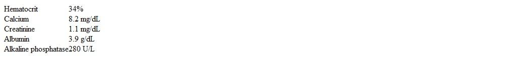 A 40-year-old man comes to the office due to muscle and joint pains for 2 months.  Review of systems is otherwise negative.  The patient underwent Roux-en-Y gastric bypass surgery for obesity 2 years ago and has lost 40 kg (88 lb)  since the surgery.  Vital signs are normal.  BMI is 28 kg/m<sup>2</sup>.  There is no pallor, lymphadenopathy, thyromegaly, or jaundice.  Abdominal examination reveals no tenderness and no organomegaly.  Muscle strength is 5/5, and no focal muscle tenderness is present.  Deep tendon reflexes are normal.  Laboratory results are as follows:   Which of the following is the most appropriate next step in evaluation of this patient? A) Measurement of 25-hydroxyvitamin D level B) Measurement of antinuclear antibodies C) Measurement of serum creatine kinase D) Measurement of serum transferrin saturation E) Radionuclide bone scanning