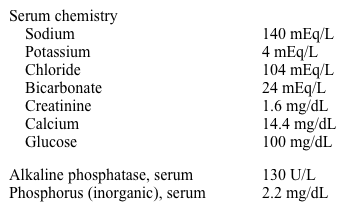 A 60-year-old man is brought to the emergency department by his daughter due to a 2-day history of confusion and lethargy.  According to the daughter, he has had a constant dry cough, fatigue, anorexia, polyuria, and constipation for several weeks.  In addition, the patient has lost 9.1 kg (20 lb)  over the past 3 months.  He has no associated pain.  The patient's medical history is significant for hypertension treated with chlorthalidone and for gastroesophageal reflux disease treated with over-the-counter antacids.  He smokes 2 packs of cigarettes daily and consumes alcohol occasionally.  Blood pressure is 130/90 mm Hg and pulse is 90/min.  Temporal wasting is noted.  Chest and abdominal examinations are normal.  Mental status examination shows somnolence and disorientation to time.  Neurologic examination shows decreased deep tendon reflexes.  Laboratory results are as follows:   Which of the following is the most likely cause of this patient's symptoms? A) Elevated parathyroid hormone B) Elevated parathyroid hormone-related protein C) Increased 1,25-dihydroxyvitamin D production D) Local cytokine production E) Metastatic osteolysis F) Milk-alkali syndrome G) Thiazide-induced hypercalcemia