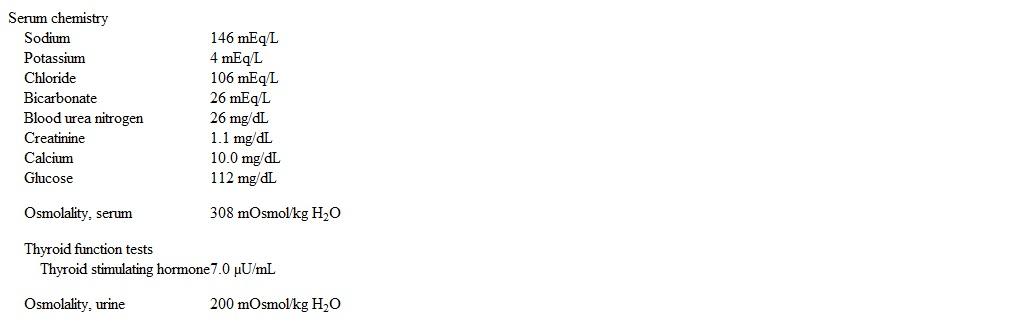 A 34-year-old woman comes to the office due to excessive urination at night.  For the past 2 weeks, the patient has been getting up at least 3 times at night to urinate.  She has a history of hypothyroidism treated with levothyroxine and bipolar disorder treated with lithium carbonate.  Blood pressure is 134/78 mm Hg and pulse is 88/min.  BMI is 27 kg/m<sup>2</sup>.  Physical examination shows decreased skin turgor and dry mucous membranes.  Laboratory results after overnight fasting are as follows:   This patient's symptoms are most likely caused by a defect in which of the following sites? A) Hypothalamus B) Pancreatic islet cells C) Posterior pituitary lobe D) Proximal tubule of the kidney E) Renal collecting ducts F) Thyroid follicular cells