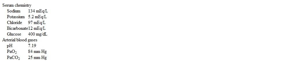 A 28-year-old man with type 1 diabetes mellitus comes to the emergency department due to abdominal pain, nausea, and vomiting for the past 2 days.  The patient has a history of medical noncompliance and has not used insulin for the past 5 days.  Temperature is 36.7 C (98.1 F) , blood pressure is 96/62 mm Hg, pulse is 112/min, and respirations are 26/min.  Examination shows dry mucous membranes.  The abdomen is soft with mild, diffuse tenderness.  Laboratory results are as follows:   Serum and urine are positive for ketones.  Which of the following is the best index to monitor the response to treatment of this patient's condition? A) Effective plasma osmolality B) Serum acetoacetate C) Serum anion gap D) Urine glucose E) Urine ketones