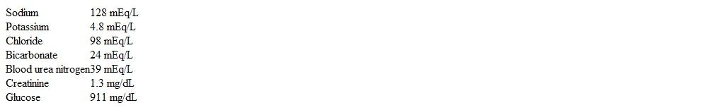 A 68-year old man is brought to the emergency room by his daughter due to slurred speech and weakness for the last 12 hours.  He has a history of primary hypertension, type 2 diabetes mellitus, and obesity.  Three days ago, the patient completed a course of oral prednisone due to severe poison ivy.  Temperature is 36.7 C (98 F) , blood pressure is 99/80 mm Hg, and pulse is 99/min.  BMI is 35 kg/m<sup>2</sup>.  On examination, the patient is oriented only to place and is unable to consistently follow commands.  The mucous membranes are dry.  Neurologic examination reveals dysarthria and muffled speech.  The remainder of the physical examination is normal.  Laboratory results are as follows:   CT scan of the head is normal.  Intravenous access is secured, and an infusion of normal saline and regular insulin is started.  Which of the following is the best next step in management? A) Administration of tissue plasminogen activator B) Broad-spectrum antibiotics C) Intravenous potassium D) No additional intervention E) Serum cortisol measurement