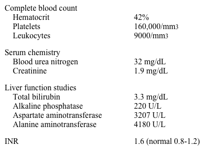 A 68-year-old man is brought to the emergency department due to 2 days of progressive confusion and lethargy.  His symptoms started approximately 4 days ago with malaise, nausea, and vomiting.  The patient has hypertension and chronic back pain due to spinal stenosis.  Laminectomy 4 years ago provided limited symptom improvement.  The patient's medications include daily losartan and as-needed hydrocodone-acetaminophen.  His wife says that for the past 2 weeks he has been taking additional acetaminophen for a severe toothache.  The patient smokes a pack of cigarettes and drinks 2 shots of whiskey daily.  He has a remote history of intravenous drug abuse.  His blood pressure is 110/60 mm Hg, pulse is 108/min, and BMI is 32 kg/m<sup>2</sup>.  The patient is sleepy but wakes when spoken to and follows instructions.  He is oriented to person and place.  There is mild scleral icterus.  Cardiopulmonary examination is unremarkable, and a smooth and tender liver edge is palpable 3 cm below the right costal margin.  The patient has a mild flapping tremor of both hands.  Laboratory results are as follows:   Which of the following is the most likely diagnosis in this patient? A) Acute alcoholic hepatitis B) Hepatitis C infection C) Ischemic hepatitis D) Liver cirrhosis E) Medication-induced liver injury F) Nonalcoholic steatohepatitis