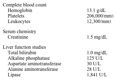 A 67-year-old man comes to the hospital with acute-onset upper abdominal pain associated with nausea and vomiting.  The patient was discharged 24 hours earlier after he underwent elective coronary angiography and stent placement due to left circumflex artery stenosis.  He has been taking his prescribed medications and reports no chest pain, shortness of breath, or flank pain.  His other medical problems include type 2 diabetes, hypertension, hypercholesterolemia, and peripheral vascular disease.  The patient does not use tobacco, alcohol, or illicit drugs.  His temperature is 37.7 C (99.9 F) , blood pressure is 134/88 mm Hg, pulse is 92/min, and respirations are 18/min.  The abdomen is tender to palpation in the epigastric area.  Bowel sounds are decreased.  The skin over the lower extremities and toes appears mottled, reddish-blue, and reticulated but blanches on pressure.  Laboratory results are as follows:   CT scan of the abdomen reveals diffuse enlargement of the pancreas.  Abdominal ultrasonogram reveals normal-sized gallbladder and common bile duct without gallstones.  The patient's pain is improved with a dose of intravenous morphine.  Which of the following is the best therapy for this patient? A) Elective cholecystectomy B) Endoscopic retrograde cholangiopancreatography C) Intravenous antibiotics D) Intravenous corticosteroids E) Intravenous fluids and supportive care only