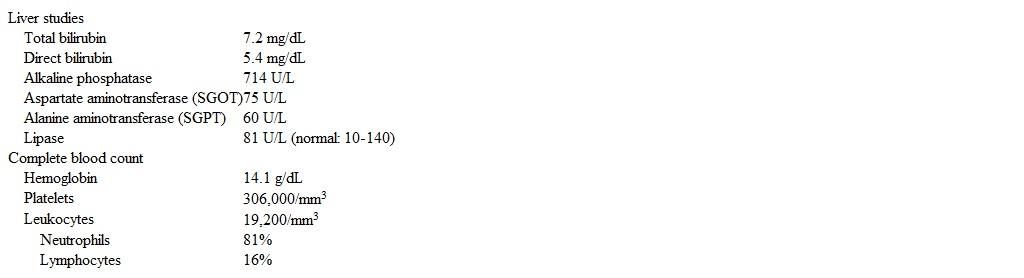 A 45-year-old woman comes to the emergency department with 1 day of fever, chills, nausea, and vomiting.  She has had progressively worsening right upper quadrant abdominal pain for the past 2 days.  The patient has a history of depression as a teenager and attempted suicide.  She currently takes no medications and does not use alcohol or illicit drugs.  Temperature is 39.5 C (103.1 F) , blood pressure is 90/48 mm Hg, pulse is 98/min, and respirations are 30/min.  BMI is 36 kg/m<sup>2</sup>.  The patient appears ill and confused.  Skin and sclera are icteric.  Cardiopulmonary examination is normal.  Marked tenderness and guarding are present at the right upper quadrant of the abdomen.  She has no flank pain or dullness.  Laboratory results are as follows:   Further workup in this patient would most likely show which of the following? A) Dilation of the intrahepatic and common bile ducts B) Inflamed and edematous enlargement of the pancreas C) Markedly elevated serum acetaminophen levels D) Short, annular strictures alternating with normal bile duct E) Thickening of the gallbladder wall and pericholecystic fluid