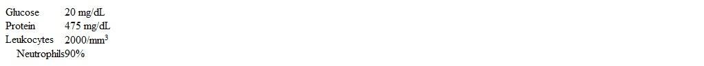 A 15-year-old girl is brought to the emergency department due to 18 hours of headache and lethargy.  The headache began last night after she returned from a camping trip with her friends during which she had been healthy.  The patient had fever and vomiting overnight, and this morning her family had difficulty waking her.  She has no significant medical history.  Temperature is 39.6 C (103.3 F) , blood pressure is 90/60 mm Hg, pulse is 120/min, and respirations are 22/min.  The patient is obtunded and responds only to deep, painful stimuli.  Physical examination shows resistance to passive neck flexion and several petechiae on the lower extremities.  Cerebrospinal fluid test results are as follows:   Which of the following is the most likely cause of this patient's condition? A) Acute Lyme disease B) Arboviral encephalitis C) Meningococcal infection D) Pneumococcal meningitis E) Rocky Mountain spotted fever F) Toxic shock syndrome