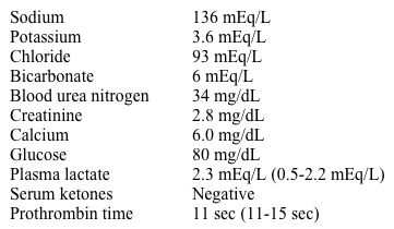 A 34-year-old homeless man is brought to the emergency department in a confused state and complaining of flank pain.  His past medical history is unknown.  The patient's temperature is 36.8 C (98.2 F) , blood pressure is 110/70 mm Hg, pulse is 110/min, and respirations are 22/min.  His appearance is disheveled.  Pupils are equal, 4 mm in size, and reactive to light.  Fundoscopic examination is within normal limits.  Lungs have vesicular breath sounds.  Mild costovertebral angle tenderness is present.  A Foley catheter is placed, and the urine appears red, with calcium oxalate crystals seen on microscopy.  Laboratory results are as follows:   Which of the following is the most appropriate next step in management of this patient? A) Broad-spectrum antibiotics B) Fomepizole C) Methylene blue D) N-acetylcysteine E) Sodium thiosulfate