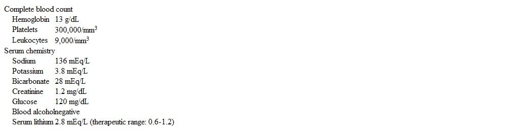 A 31-year-old woman is brought to the emergency department by her boyfriend due to confusion.  The boyfriend says that the patient  seemed okay  when he left for work this morning, but when he returned in the evening, she was disoriented and  acting like a drunk person ; she had also vomited  all over the bathroom.   The patient was recently fired due to interpersonal problems with other employees.  She has a history of bipolar disorder.  Medications include clonazepam, lithium, and quetiapine.  Temperature is 37 C (98.6 F) , blood pressure is 110/68 mm Hg, pulse is 92/min, and respirations are 16/min.  On physical examination, the patient is somnolent and has frequent fasciculations.  Pupils are equal and reactive.  During evaluation, she has a brief episode of a generalized tonic-clonic seizure.  Laboratory results are as follows:   Acetaminophen and salicylate are not detected in the serum, and urine drug screen is negative.  A noncontrast CT scan of the head shows no abnormalities.  In addition to supportive measures, which of the following is the best next step in management of this patient? A) Activated charcoal B) Calcium gluconate C) Flumazenil D) Gastric lavage E) Hemodialysis F) Magnesium sulfate G) Physostigmine