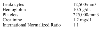 The patient's initial laboratory results are as follows:   While in the emergency department, the patient has an episode of coughing and shortness of breath.  He brings up approximately 600 mL of blood.  His blood pressure is 105/61 mm Hg and pulse is 122/min.  He is intubated, and fresh blood fills the endotracheal tube.  Which of the following is the most appropriate next step in management of this patient? A) Bronchoscopy B) CT scan of the chest with contrast C) Fresh frozen plasma infusion D) Pulmonary arteriography E) Urgent thoracotomy