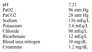 A 36-year-old man is brought to the emergency department due to confusion, nausea, and decreased arousal.  He is unable to answer questions, and no other history is available.  Temperature is 36.7 C (98.2 F) , pulse is 86/min, and respirations are 22/min.  His arterial blood gas and serum electrolyte results are shown below:   What is the most likely primary acid-base disorder in this patient? A) Non-anion gap metabolic acidosis B) Anion gap metabolic acidosis C) Metabolic alkalosis D) Respiratory alkalosis E) Respiratory acidosis