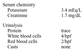 A 46-year-old man comes to the emergency department due to intermittent severe right flank pain over the past few days.  He has had decreased urination over the last week but has also noted occasional episodes of high urine output along with a feeling of generalized weakness.  The patient has a history of chronic back pain for which he takes oxycodone daily, and he underwent a left total nephrectomy following a motor vehicle accident 25 years ago.  He was recently started on low-dose lisinopril for a new diagnosis of hypertension.  There is no family history of renal disease.  On physical examination, blood pressure is 145/86 mm Hg and heart rate is 86/min.  Laboratory results are as follows:   Which of the following is the most likely cause of this patient's symptoms? A) Adrenal tumor B) Glomerulonephritis C) Inherited renal disease D) Interstitial nephritis E) Renal artery stenosis F) Urinary outflow obstruction