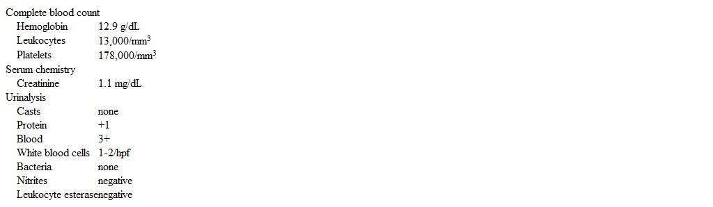 A 45-year-old woman comes to the hospital due to sudden-onset, right-sided flank pain that started 12 hours ago.  The patient has had fever and malaise for the past 2 weeks and has been taking over-the-counter ibuprofen intermittently for a presumed viral infection.  She has had no dyspnea, cough, chest pain, or urinary symptoms.  Temperature is 38.7 C (101.7 F) , blood pressure is 110/78 mm Hg, pulse is 102/min, and respirations are 16/min.  Lung sounds are normal.  A 2/6 systolic murmur is present at the cardiac apex.  Right flank tenderness is present.  The remainder of the examination shows no abnormalities.  Laboratory results are as follows:   CT scan of the abdomen is shown below:   Which of the following is the most likely cause of this patient's current symptoms? A) Acute interstitial nephritis B) Acute pyelonephritis C) Glomerulonephritis D) Nephrolithiasis E) Renal infarction