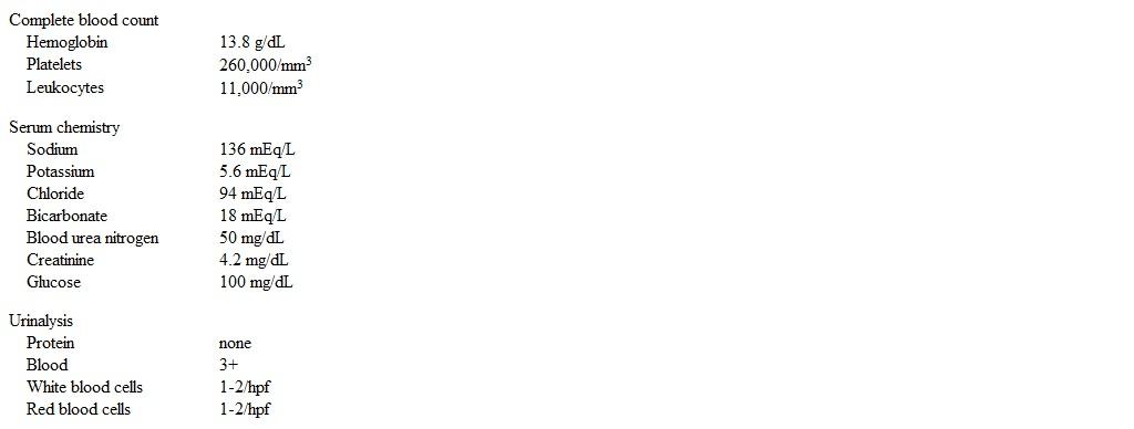 A 57-year-old man arrives at the hospital with nausea, dark urine, and decreased urine output for 2 days.  For the past week, the patient has had generalized fatigue, muscle pain, and weakness.  He reports no recent fever, chills, sore throat, skin infection, or abdominal pain.  Medical history is significant for coronary artery disease with stenting to the right coronary artery, hypertension, gout, and obstructive sleep apnea.  Current medications include aspirin, ticagrelor, simvastatin, metoprolol, lisinopril, and colchicine.  The patient does not use alcohol, tobacco, or illicit drugs.  Temperature is 37 C (98.6 F) , blood pressure is 140/90 mm Hg, pulse is 88/min, and respirations are 18/min.  There is no orthostasis.  Skin turgor is normal.  Oropharynx is clear.  Cardiopulmonary examination shows no abnormalities.  The abdomen is soft, nontender, and without bruit; there are no masses felt.  There is no peripheral edema.  The right great toe is slightly inflamed.  Laboratory studies reveal the following:   Baseline laboratory studies conducted a month ago were normal.  Which of the following is most helpful to establish a diagnosis? A) 24-hour urine protein measurement B) Renal ultrasonogram C) Renal vascular imaging D) Serum complement levels E) Serum creatine phosphokinase