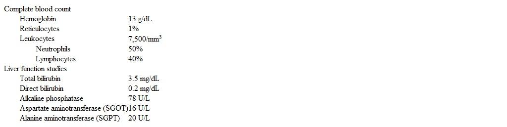 A 22-year-old man comes to the office due to yellow eyes lasting a day.  Over the past 3 days, the patient has had fever, fatigue, nasal discharge, and sore throat.  He has no chronic medical conditions.  His only medication is acetaminophen as needed for current symptoms.  The patient drinks 4 or 5 alcoholic beverages a week, and the last drink was 3 days ago.  Temperature is 38 C (100.4 F) , blood pressure is 120/78 mm Hg, pulse is 80/min, and respirations are 16/min.  Examination shows scleral icterus; the oropharynx is erythematous without exudates.  There is no pallor or lymphadenopathy.  Liver span is 11 cm, and a firm, nontender liver edge is palpable.  There is no splenomegaly.  Laboratory results are as follows:   What is the most likely cause of jaundice in this patient? A) Alcohol-mediated hepatocellular injury B) Decreased intracellular storage of bilirubin C) Genetically mediated decreased enzyme activity D) Infection-induced hemolytic anemia E) Virus-mediated hepatocellular injury