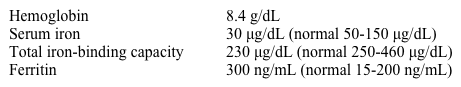 A 42-year-old woman comes to the physician with bilateral knee pain that severely limits her mobility.  She also complains of diffuse morning joint stiffness that takes several hours to improve.  She has been taking over-the-counter ibuprofen and aspirin but has experienced little relief of symptoms.  She has no other medical problems and does not use tobacco, alcohol, or illicit drugs.  Her vital signs are within normal limits.  Physical examination shows tenderness and swelling of multiple metacarpophalangeal joints, as well as both wrists and knees.  Laboratory results are as follows:   Which of the following is the most appropriate next step in management of this patient's anemia? A) Cyanocobalamin supplementation B) Erythropoietin C) Folic acid supplementation D) Iron supplementation E) Methotrexate F) Packed red blood cell transfusion G) Splenectomy