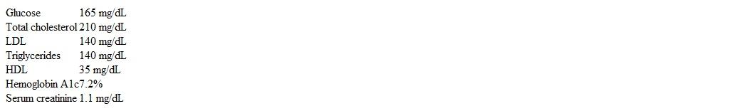 A 47-year-old man comes to the office for a routine health examination.  He has no symptoms except for a mild increase in frequency of urination.  The patient has a history of elevated glucose levels but no other medical conditions, and he takes no medications.  Family history is significant for type 2 diabetes mellitus.  He does not use tobacco, alcohol, or illicit drugs.  Temperature is 36.7 C (98 F) , blood pressure is 132/80 mm Hg, pulse is 72/min, and respirations are 16/min.  BMI is 33 kg/m<sup>2</sup>.  Fasting laboratory results are as follows:   Which of the following is the most appropriate next step in management of this patient's condition? A) Intensive lifestyle modification only B) Lifestyle modification plus evolocumab C) Lifestyle modification plus ezetimibe D) Lifestyle modification plus phentermine E) Lifestyle modification plus rosuvastatin