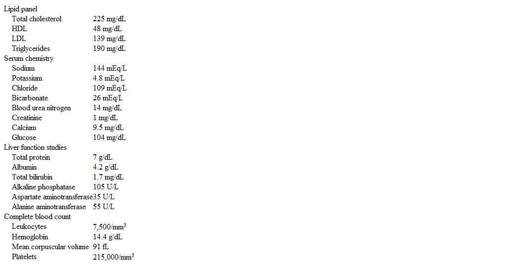 A 50-year-old man comes to the office to discuss heart disease prevention.  The patient has a history of mild abnormality in liver function tests that he says he was told is  nothing to worry about ; he has no other significant medical history.  Five years ago, the patient underwent repair of his anterior cruciate ligament.  He drinks 1 or 2 beers on most nights and has smoked a half pack of cigarettes daily for the past 20 years.  His father had a myocardial infarction at age 62.  The patient eats a lot of fast food because of limited time during the workday.  Prior to his knee injury, he played in a recreational soccer league and has not exercised regularly since.  The patient sits for most of the day at his job.  Temperature is 36.7 C (98.1 F)  and blood pressure is 138/86 mm Hg.  Weight is 91.6 kg (201.9 lb)  and height is 175.3 cm (5 ft 9 in) .  BMI is 29.8 kg/m<sup>2</sup>.  Examination shows moist mucous membranes, normal jugular venous pressure, clear lung fields, and normal S1 and S2.  The abdomen is soft and nontender.  No hepatomegaly or splenomegaly is present.  There is normal range of motion, and neurologic examination is within normal limits.  Laboratory results are as follows:   Which of the following would provide the most important information in determining whether to start lipid-lowering therapy in this patient? A) Age of onset of coronary artery disease in father B) Exercise tolerance by treadmill exercise testing C) High-sensitivity C-reactive protein D) Measurement of apolipoprotein concentrations E) Quantitative estimate of 10-year cardiovascular risk F) Repeat LDL level after lifestyle changes