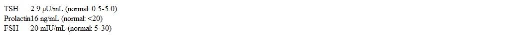 A 32-year-old woman, gravida 3 para 3, comes to the office due to abnormal uterine bleeding.  Menarche was at age 13, and her menstrual cycles were monthly until a year ago.  The patient then began to have irregular menses that occurred every 45-60 days with heavy bleeding and passage of clots but no cramping.  She has not had a menstrual period for the last 4 months.  The patient has no hot flushes, acne, or abnormal hair growth.  She takes levothyroxine for hypothyroidism and her only surgery was a tubal ligation after her last delivery.  Height is 160 cm (5 ft 3 in)  and weight is 120.2 kg (265 lb) .  Speculum examination is normal and bimanual examination is limited by body habitus.  Urine pregnancy test is negative.  Laboratory results are as follows:   Which of the following is the most likely diagnosis in this patient? A) Adenomyosis B) Anovulation C) Endometrial polyp D) Hypothyroidism E) Primary ovarian insufficiency F) Uterine leiomyoma