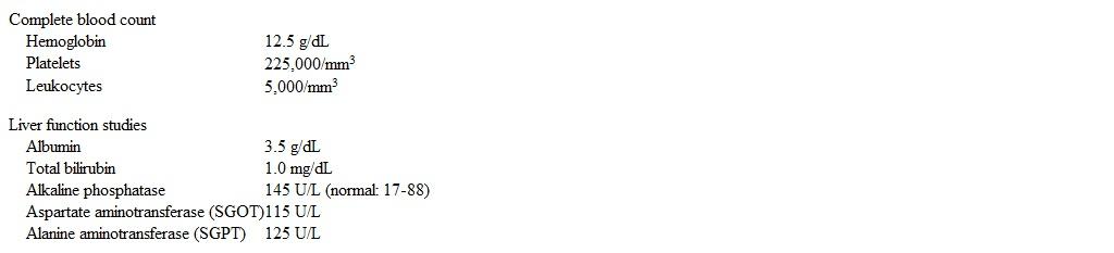A 37-year-old primigravida at 14 weeks gestation comes to the office for an initial prenatal visit.  She has had some nausea but no vomiting, abdominal pain, or vaginal bleeding.  The patient has type 2 diabetes mellitus and hypertension.  She used to drink 1 or 2 glasses of wine a night but quit a year ago in anticipation of becoming pregnant.  Temperature is 37.5 C (99.5 F) , blood pressure is 138/88 mm Hg, pulse is 85/min, and respirations are 14/min.  BMI is 36 kg/m<sup>2</sup>.  On examination, the sclerae are anicteric.  Cardiopulmonary examination is normal.  The abdomen is nontender, and the liver edge is palpated 3 cm below the right costal margin.  Laboratory results are as follows:   A right upper quadrant ultrasound reveals a hyperechoic-appearing liver, several gallstones without gallbladder wall thickening, and a normal-appearing common bile duct.  Which of the following is the most likely cause of this patient's abnormal liver studies? A) Acute fatty liver of pregnancy B) Alcoholic hepatitis C) Gallstone disease D) Intrahepatic cholestasis of pregnancy E) Nonalcoholic fatty liver disease F) Preeclampsia