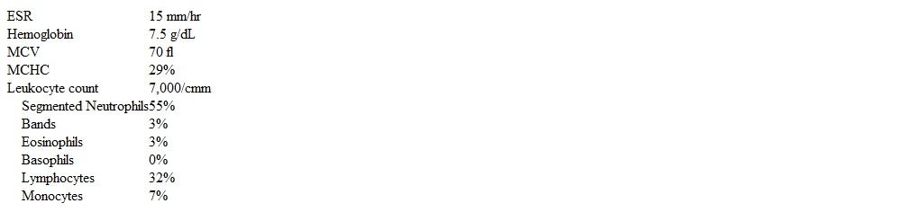 A 25-year-old female presents to your office complaining of exertional dyspnea and fatigue.  Her past medical history is insignificant.  She does not smoke or consume alcohol.  Her blood pressure is 110/70 mmHg and heart rate is 90/min.  Physical examination reveals pale conjunctiva.  The laboratory values are:   What is the best next step in the management of this patient? A) Bone marrow sampling B) Iron studies C) Serum folate level D) Schilling test E) HbA2 measurement
