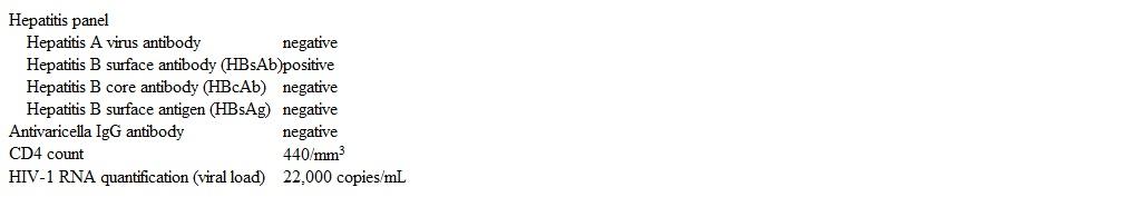 A 25-year-old man comes to the office due to a positive home HIV test.  The patient's partner was recently hospitalized with Pneumocystis pneumonia, which prompted the patient to get tested.  He has no chronic medical conditions and takes no medications.  He smokes a pack of cigarettes daily and uses intravenous heroin.  The patient received all recommended childhood vaccinations through age 18.  Vital signs are normal.  Physical examination reveals no abnormalities.  Laboratory results are as follows:   Which of the following immunizations are recommended for this patient?   A) A B) B C) C D) D E) E F) F