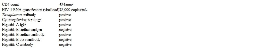 A 46-year-old man comes to the office for a routine health maintenance examination.  He feels well and has no ongoing complaints.  His past medical history is significant for generalized anxiety disorder, for which he takes sertraline.  Over the past year, he has had 3 female sexual partners and does not regularly use condoms.  He drinks 1 or 2 cocktails after work most nights but does not use tobacco or illicit drugs.  Vital signs are normal.  Laboratory evaluation reveals a positive HIV test.  Subsequent laboratory results are as follows:   Which of the following is indicated for this patient?   A) A B) B C) C D) D E) E F) F