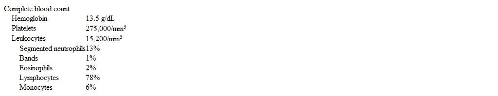 A 45-year-old man comes to the emergency department due to  coughing up blood.   The patient had an episode of harsh coughing this morning and then noticed streaks of bright red blood in his sputum during subsequent coughs.  The patient has had 3 weeks of nasal congestion and progressive cough, which now awakens him from sleep.  He has no chronic medical conditions.  Vital signs are normal.  The patient is well-appearing and in no acute distress.  The nasal mucosa is boggy, and the posterior oropharynx is erythematous.  The lungs have a few scattered crackles, and heart sounds are normal.  Laboratory results are as follows:   Which of the following is the most likely diagnosis in this patient? A) Aspergillosis B) Aspiration pneumonia C) Influenza D) Pertussis E) Tuberculosis