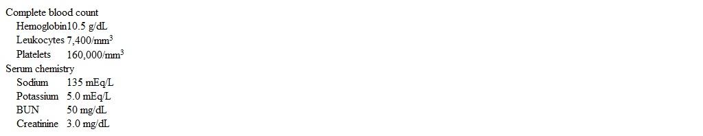 A 70-year-old man is brought to the hospital by his son due to worsening fatigue.  The son states that his father does not like seeing doctors and has not been to one in 20 years.  The patient frequently eats at fast food restaurants and rarely eats vegetables and fresh fruit.  He has no known medical conditions other than chronic, intermittent back pain for which he uses over-the-counter painkillers.  Physical examination shows an S4 heart sound, strong apical impulse, and clear lung fields.  Abdomen examination reveals no bruit or other abnormalities.  Neurological examination is normal.  Laboratory results are as follows:   Urinalysis shows trace protein and bland sediment without casts.  Ultrasonogram of the abdomen reveals bilateral small kidneys and no evidence of hydronephrosis.  Which of the following best explains this patient's findings? A) Acute tubular necrosis B) Amyloidosis C) Glomerulonephritis D) Hypertension E) Interstitial nephritis F) Urinary obstruction