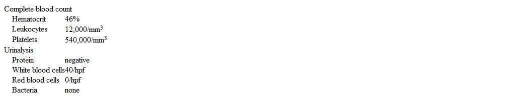 A 2-year-old girl is brought to the emergency department for fever.  Eight days ago, the patient developed fever, abdominal pain, vomiting, and watery diarrhea.  Her gastrointestinal symptoms subsided in 3 days, but her fever has persisted and has not responded to ibuprofen and acetaminophen.  The patient has also been irritable with decreased oral intake.  Temperature is 39.4 C (102.9 F) , blood pressure is 110/60 mm Hg, pulse is 120/min, and respirations are 24/min.  Examination shows injected sclera and dry, red, cracked lips.  Heart and lungs are clear to auscultation.  The abdomen is soft and nontender without organomegaly.  Perineal erythema and a macular rash are present over the trunk and distal extremities.  Laboratory results are as follows:   Which of the following is the most appropriate next step in management? A) Colonoscopy and mucosal biopsy B) Intravenous ceftriaxone C) Intravenous immunoglobulin D) Peripheral flow cytometry E) Renal ultrasound