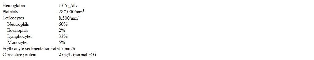 A 5-year-old boy is brought to the office due to left hip pain.  The patient awoke this morning with a limp and says that his left hip hurts, especially with movement or walking.  He played soccer outside yesterday with no known injury.  Two weeks ago, he had had an upper respiratory infection that has since resolved.  He has had no fever, vomiting, diarrhea, or other joint pain.  His grandmother has rheumatoid arthritis treated with methotrexate.  Temperature is 37.2 C (99 F) , blood pressure is 100/65 mm Hg, and pulse is 92/min.  Physical examination shows an interactive and talkative child who walks with a limp.  The left hip is slightly abducted and externally rotated with mildly decreased range of motion.  The patient is able to stand and bear weight on the left lower extremity.  The remainder of the examination is normal.  Bilateral hip x-ray is normal.  Laboratory results are as follows.   Which of the following is the best next step in management of this patient? A) Blood culture B) Ibuprofen and close follow-up C) MRI of the left hip D) Serum antinuclear antibodies E) Synovial fluid aspiration of the left hip