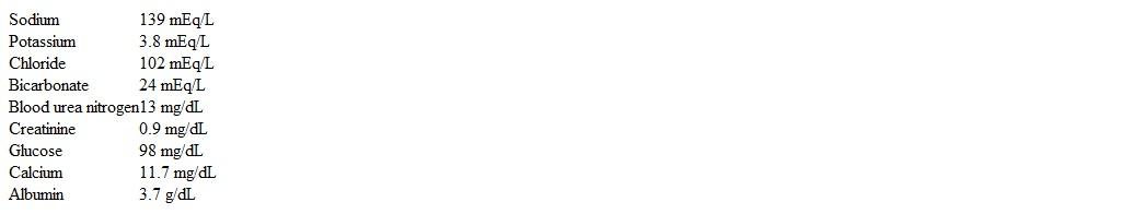 A 42-year-old woman is evaluated for depression and poor sleep.  She also has mild headaches and muscle weakness.  The review of hospital records indicates emergency department visits for anxiety and kidney stones.  The patient is a lifetime nonsmoker and does not use illicit drugs.  Blood pressure is 160/105 mm Hg and pulse is 85/min.  Laboratory results are as follows:   Which of the following best explains this patient's hypertension? A) Amphetamine abuse B) Cushing syndrome C) Hyperparathyroidism D) Hypothyroidism E) Primary hyperaldosteronism F) Renal artery stenosis G) Renal parenchymal disease