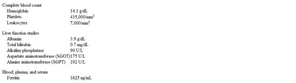 A 60-year-old woman comes to the office due to progressive fatigue over the past 6 months.  She has no weight loss, joint pain, hematochezia, vomiting, dyspnea, cold intolerance, anxiety, or depression.  Medical history is significant for hyperlipidemia, for which the patient has been taking simvastatin for 5 years.  Family history is unremarkable.  She does not use tobacco, alcohol, or illicit drugs.  Temperature is 37.6 C (99.7 F) , blood pressure is 142/80 mm Hg, pulse is 80/min, and respirations are 12/min.  Sclera are anicteric and mucosal membranes are moist.  Heart and lung sounds are unremarkable.  The abdomen is nontender and nondistended.  Hepatomegaly is present.  Skin and musculoskeletal examinations are unremarkable.  Laboratory results are as follows:   Serology for viral hepatitis is negative.  Right upper quadrant ultrasound reveals an enlarged liver with normal echotexture and no evidence of cirrhosis.  This patient would most benefit from which of the following? A) Discontinue simvastatin B) Oral prednisone C) Penicillamine D) Phlebotomy E) Repeat blood tests in 1 year F) Ursodeoxycholic acid